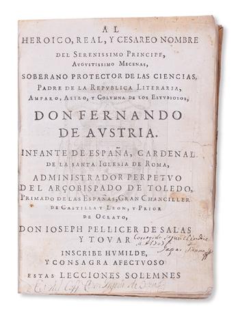 (GÓNGORA Y ARGOTE, LUIS DE.)  Pellicer de Osau Salas y Tovar, José. Lecciones Solemnes. 1630. Lacks portrait. Expurgated copy.